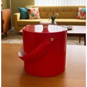 50's Vintage Royal Red White Patent Leather Ice Bucket Mid Century Modern MCM